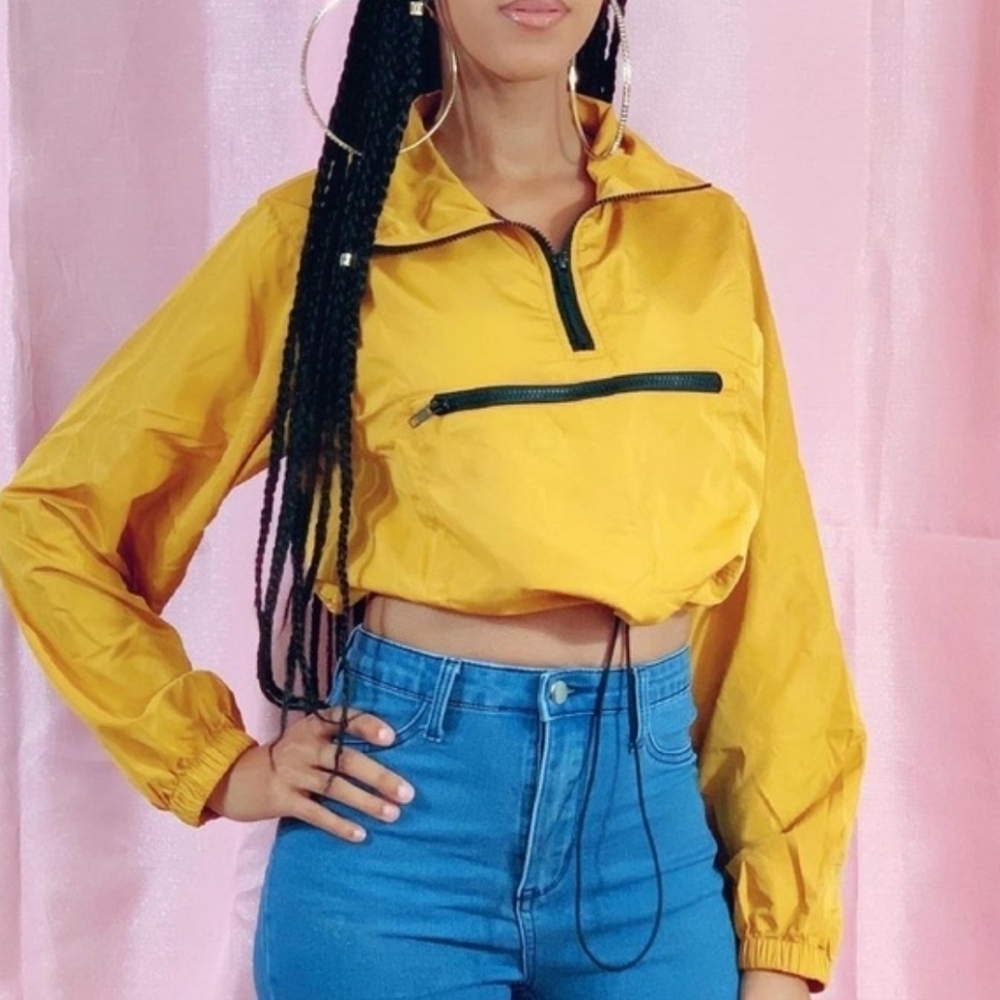 Love Tree‎ Yellow Gold Cropped Wind Breaker Jacket size M Half Zip Lightweight
